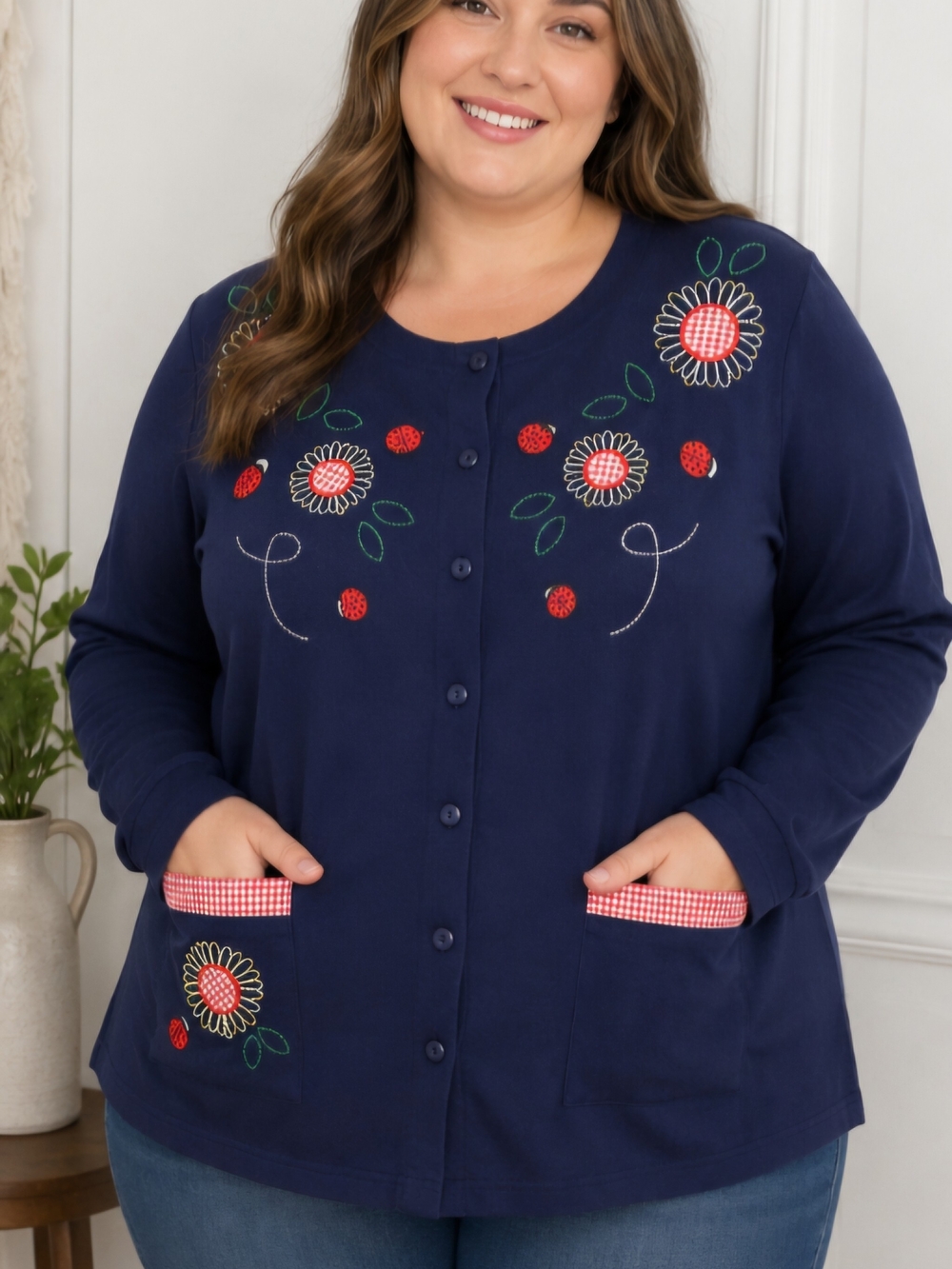 C&K Designs Women’s 1X Navy Blue Ladybug Daisy Floral Cardigan Cottagecore